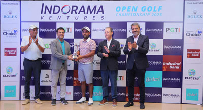 Sachin Baisoya (centre) receives the trophy from Samir H Rawal, Vice President, Indorama Ventures (2nd from left). The other dignitaries seen in the picture are Farzan Heerjee, Golf Promoter (2nd from right), Devang Shah, MD, Navratna Group (extreme left) and Amandeep Johl, CEO, PGTI (extreme right).