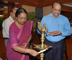 Lok Sabha Speaker Meira Kumar lighting the lamp at a function to launch the IGNOU&rsquo;s Foundation Course in Bhojpuri Language in New Delhi on September 23