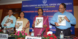 Lok Sabha Speaker Meira Kumar releasing the course material at the launch of the IGNOU&rsquo;s Foundation Course in Bhojpuri Language in New Delhi on September 23