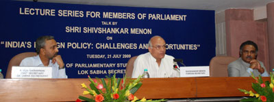 Foreign Secretary Shivshankar Menon delivering a Talk on "Foreign Policy : India&rsquo;s Challenges & Opportunities&rdquo;, as part of Lecture Series for MPs, organized by the Bureau of Parliamentary Studies and Training of the Lok Sabha Secretariat in Parliament Library Building on 21 July 2009. Also seen in the photograph is Lok Sabha Secretary-General Shri P.D.T. Achary.
