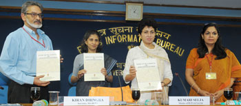 The Union Minister for Tourism & Housing and Urban Poverty Alleviation, Kumari Selja releasing Dr. Pranob Sen Committee Report on various aspects of Slum Statistics/Census and guide conduct of Slum Census 2011, in New Delhi on September 03, 2010.Secretary, HUPA, Kiran Dhingra, Principal Advisor, Planning Commission, Dr. Pranob Sen and Principal Director General (M&C), Press Information Bureau,  Neelam Kapur are also seen.